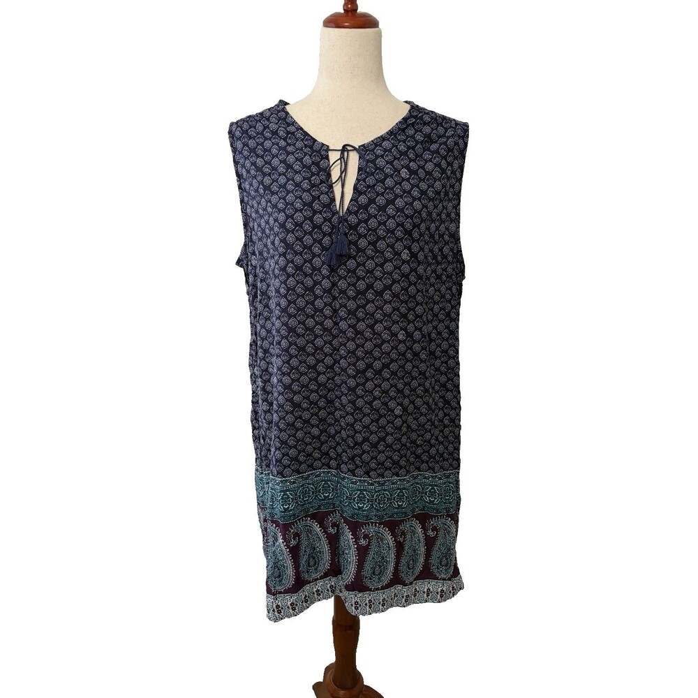 Beach lunch lounge Women’s XXL Navy Paisley Boho Shift Dress Sleeveless Tassel